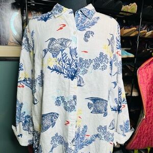 Linen Charter Club White Fish Coral Print Roll Tab Linen Blend Blouse Size Large